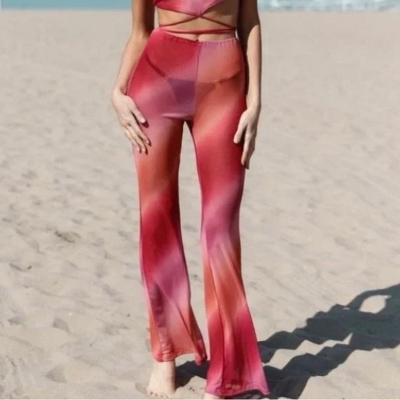 ✨ Womens Tie-Dye Mesh Halter Neck Lace Down Back Wrap Top & Flare Pant Set - Picture 3 of 5